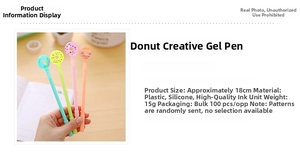 Detail view of 18cm colorful donut gel pens with specifications and silicone toppers