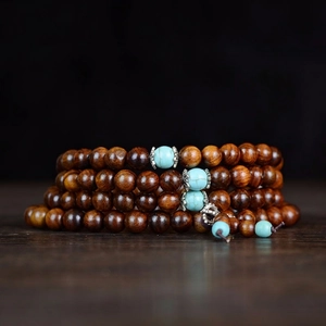 Vietnamese Rosewood 108 Mala beads bracelet with turquoise accents and silver spacers