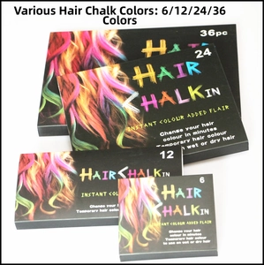 Hair chalk set in 6, 12, 24, and 36 colors packaging for temporary hair coloring