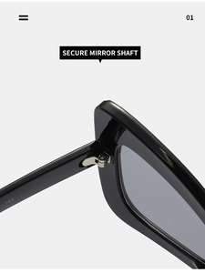 Detail view of the secure metal hinges and printed model number on shiny black sunglasses