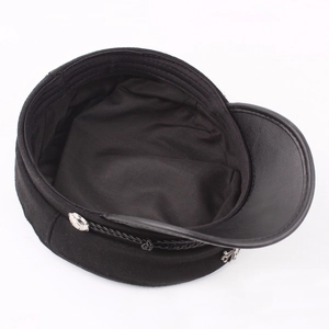 Classic black wool sailor hat with leather brim and silver metal side buttons for women