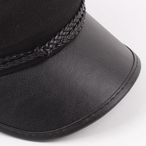 Classic black wool navy cap with leather brim and braided rope detail on white background