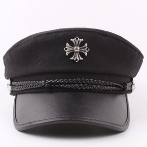 Black wool military sailor cap with leather brim and silver gothic cross emblem