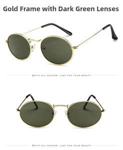 Detail view of oval vintage sunglasses featuring gold metal frame and dark green lenses