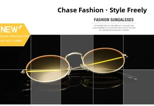 Detail view of oval retro sunglasses featuring gold metal frames and orange gradient lenses