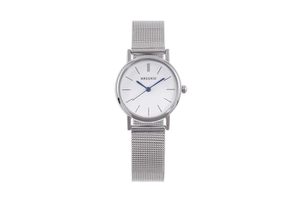 Silver stainless steel mesh watch with white dial, blue hands and minimalist markers