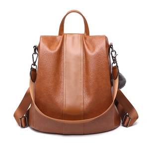 Women Vintage PU Leather Backpack Litchi Pattern Anti Theft Large Capacity Multi Functional Bag With Faux Fur Ball Pendant