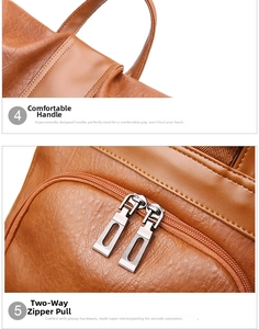 Dettaglio zaino in pelle marrone con manico ergonomico e doppia cerniera in metallo