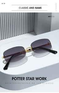 Detail of Y2K rimless sunglasses featuring gradient lenses and sleek metal bridge