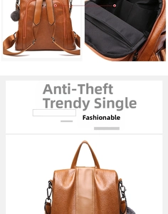 Zaino in pelle marrone con trama litchi, cerniera antifurto posteriore e pompon grigio