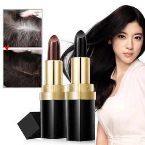 Detail of root touch-up sticks in black and brown showing before and after coverage effects
