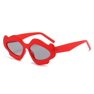 Chic red lip-shaped oversized sunglasses with grey lenses for party and street fashion