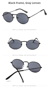 Detail view of oval retro sunglasses with black metal frame and gray lenses from three angles