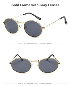 Detailed views of vintage oval metal sunglasses with gold frames and grey lenses