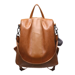 Classic retro brown faux leather backpack with litchi texture and plush ball charm