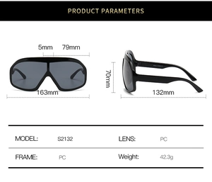 Detailed size chart for oversized shield sunglasses with frame dimensions in millimeters