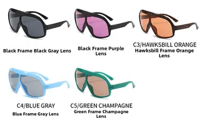 Flat lay view of large frame oversized sunglasses in five color styles C1 to C5