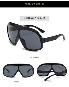 Detailed multi-angle views of black shield sunglasses with polished PC frames and dark lenses