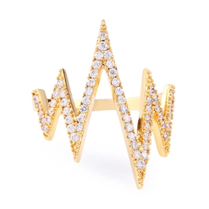 Gold ECG heartbeat ring with micro-paved AAA zircons on a clean white background