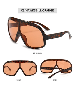 Detailed view of oversized tortoise shell sunglasses with orange lenses in three angles