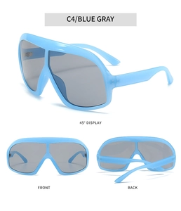 Detailed views of C4 blue shield sunglasses with gray lenses from multiple perspectives