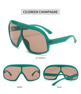 Fashionable green PC frame sunglasses with champagne oversized lens seen from multiple angles