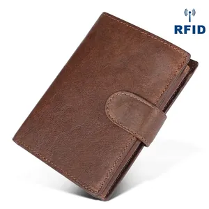 Portafoglio RFID vintage da uomo in pelle marrone con fibbia e design compatto