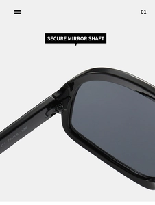 Detail view of large square sunglasses showing the hinge and secure mirror shaft on black frame