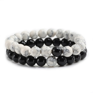 Minimalist white turquoise and matte black stone beaded bracelet set for couples