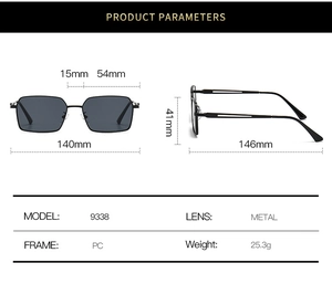 Tableau des tailles détaillé montrant les dimensions et le matériau PC des lunettes noires