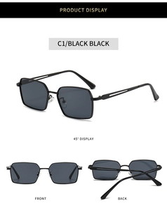 Vue sous trois angles de lunettes de soleil carrées en métal noir avec verres foncés chic