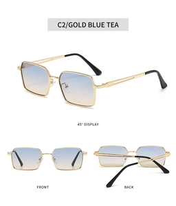 Détails de lunettes de soleil carrées en métal doré avec verres dégradés bleu-thé