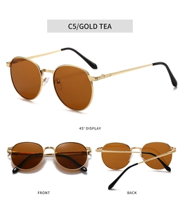 Detailed views of gold metal oval sunglasses with vintage temples and tea colored lenses