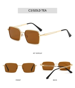 Vues détaillées de lunettes de soleil carrées dorées avec branches évidées et verres thé