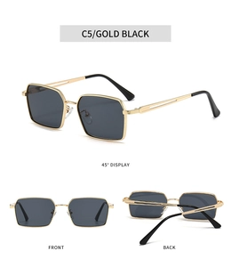 Affichage en trois vues de lunettes de soleil rétro en métal doré avec verres carrés noirs