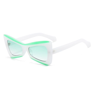 Retro futuristic cat-eye sunglasses with white frame and neon green accents in a side view
