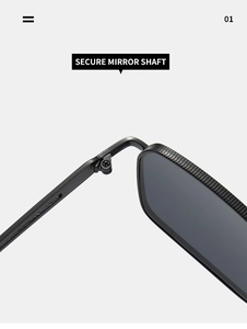 Gros plan détaillé sur l'axe du miroir sécurisé et la charnière des lunettes de soleil