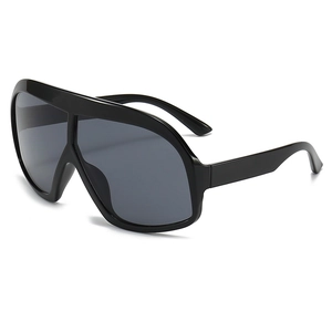 Fashionable oversized one-piece wrap sunglasses with black frame and dark grey lenses