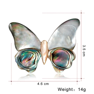 Vintage butterfly shell brooch in iridescent green and blue colors on white background