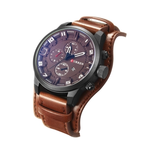 CURREN men's sport watch with brown leather strap and black round dial case