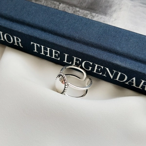 Detail of S925 sterling silver ring with oval polished finish and hollow double band