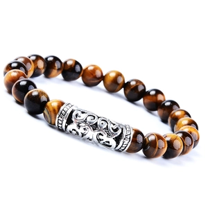 Tiger eye and emperor stone beaded bracelet with silver hollow lion head charm