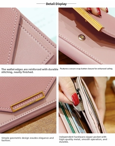 Close-up of pink long wallet showing lychee grain leather, stitching and snap button