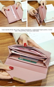 Pink long wallet detail with multi-card slots, zipper pocket and phone compartment