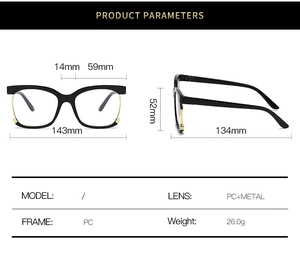 Detailed size specifications and material chart for stylish PC blue light blocking glasses