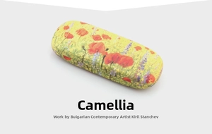 Artistic glasses case featuring yellow background with camellia and lavender by Kiril Stanchev