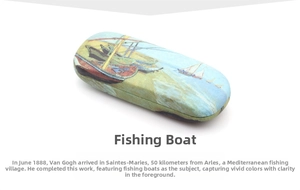 Detail of hard glasses case featuring Van Gogh's oil painting with a textured fabric finish