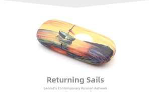 Artistic detail of hard shell glasses case featuring sunset oil painting with sailing boats