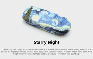 Detailed view of hard eyeglasses case with Van Gogh Starry Night oil painting print