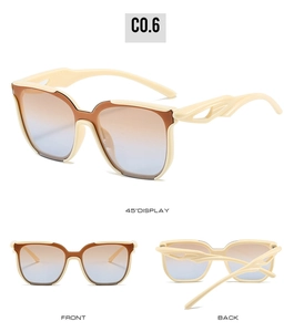 Drei Ansichten der Oversize-Sonnenbrille in Creme mit braunem Verlauf und Flammenbügeln